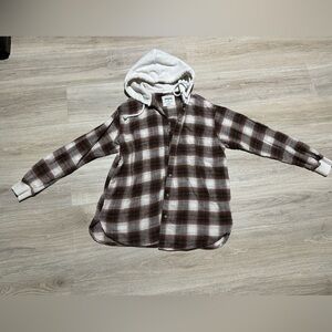 American Eagle Outfitters Brown Plaid Shirt with Cream Hood
